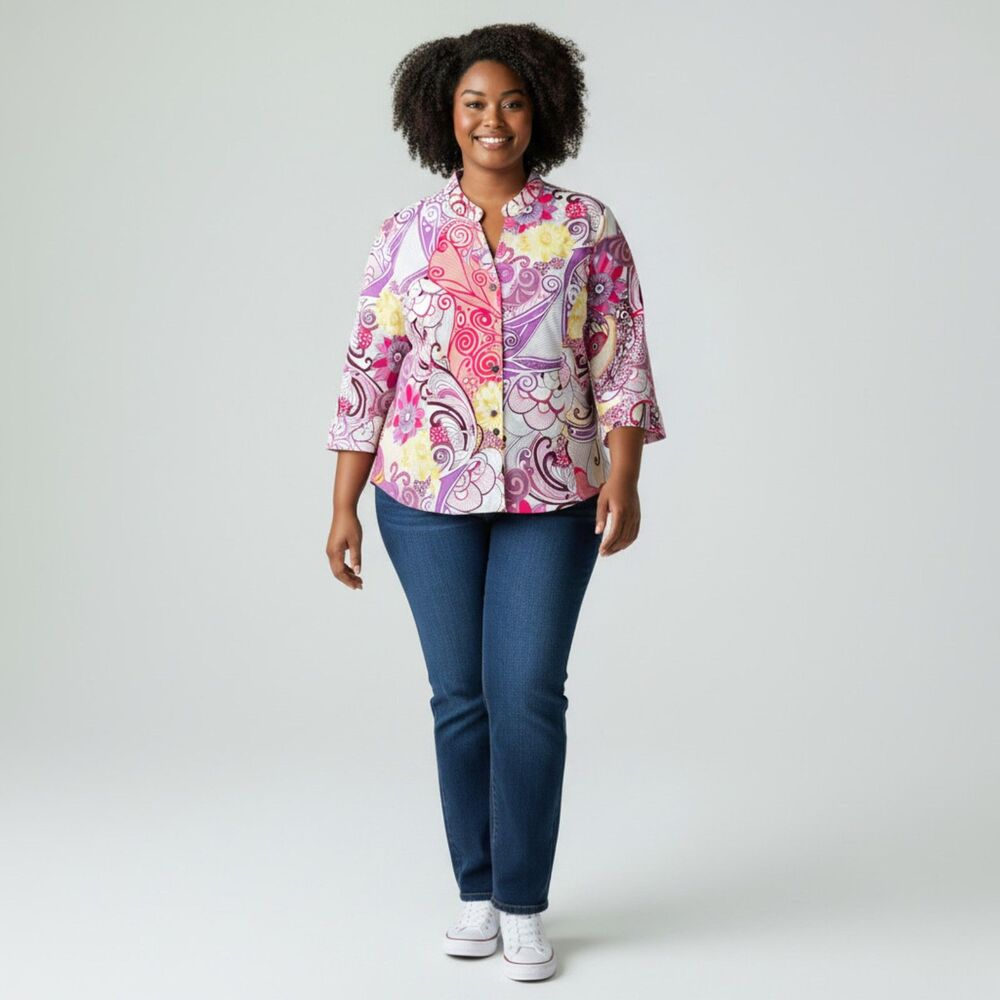 Kathy Che Women’s Abstract Floral Paisley Blouse Button Down Size 16